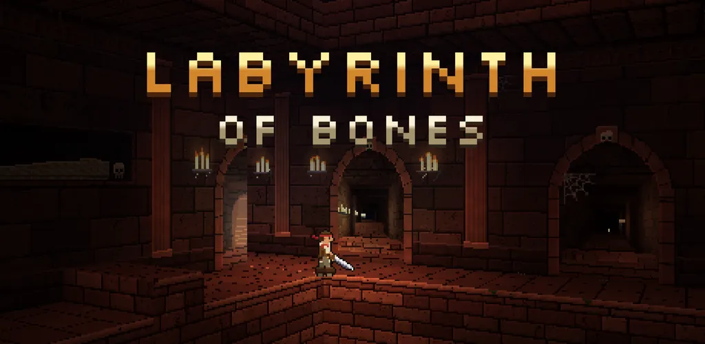 Labyrinth of Bones: an explorer with a sword in a candlelit brick catacomb of arches
