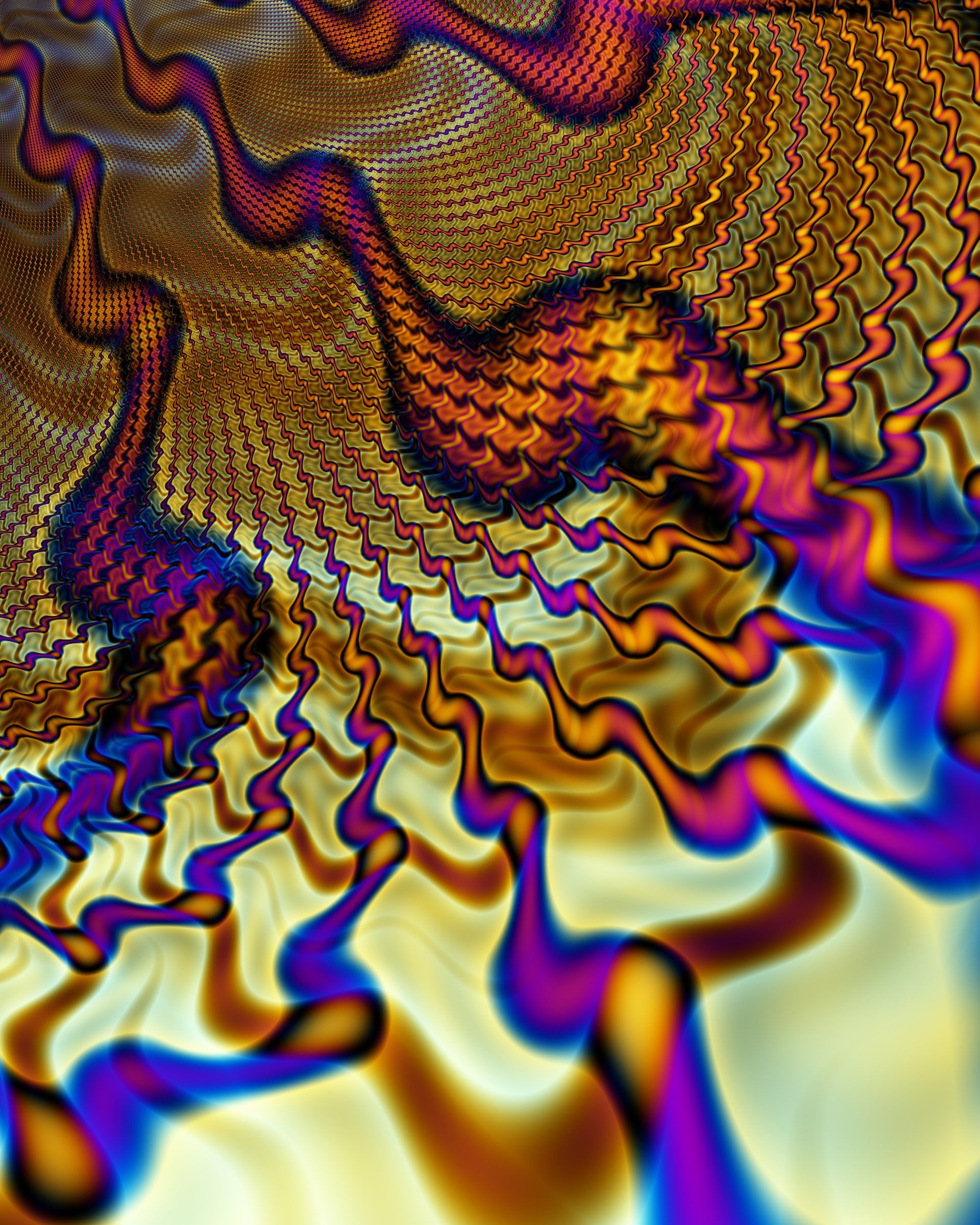 Rippling bands of gold, magenta and electric blue flowing toward the viewer
