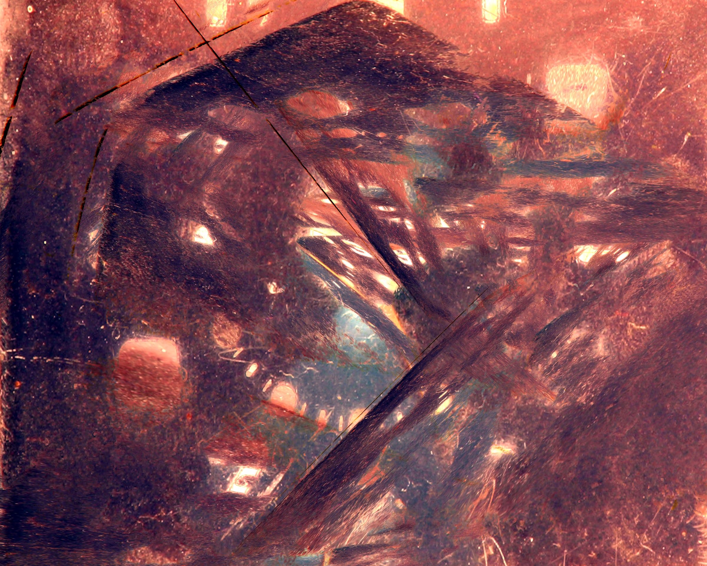Abstract rust and teal textures crossed by fine diagonal scratches