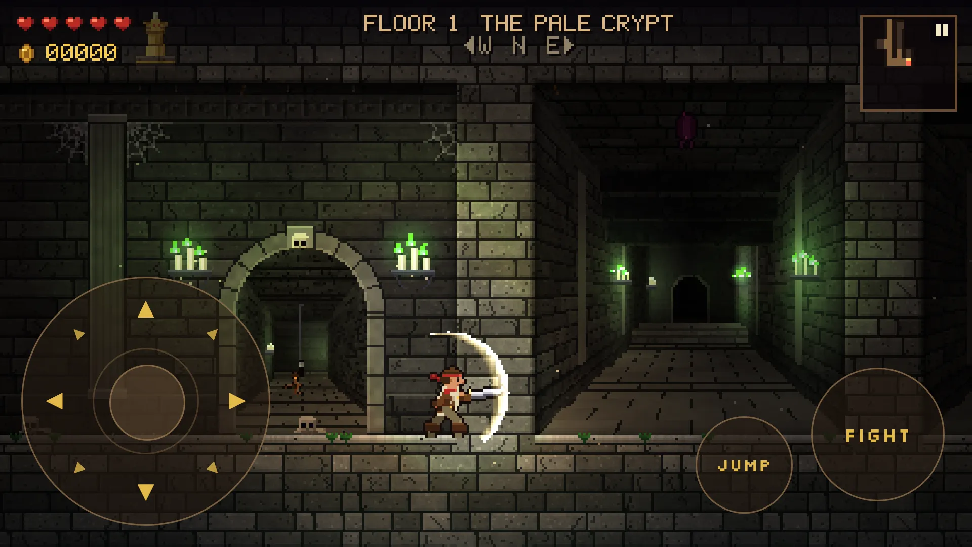 Floor 1, the Pale Crypt: a sword swing beside an arch, with the on-screen controls