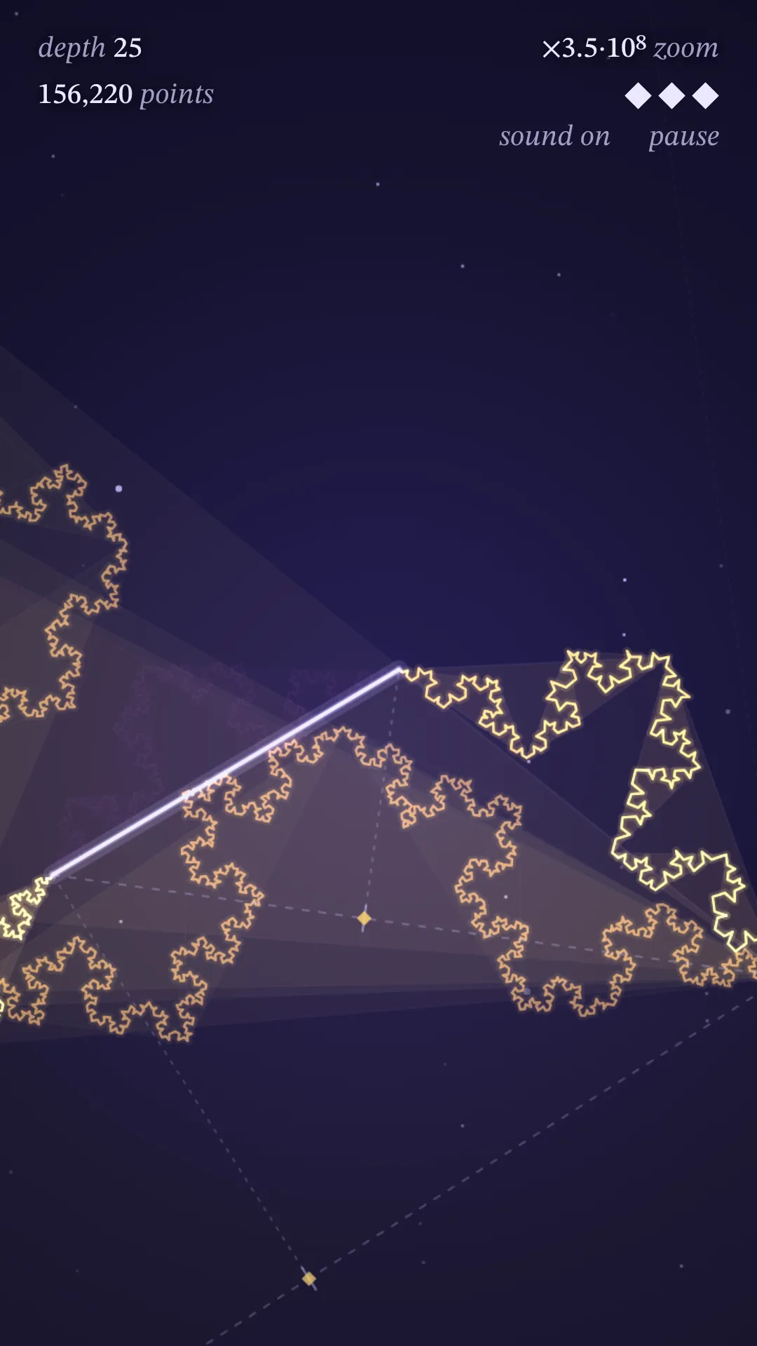 Depth 25 in dark mode, zoomed in 350 million times, the fractal folds glowing gold