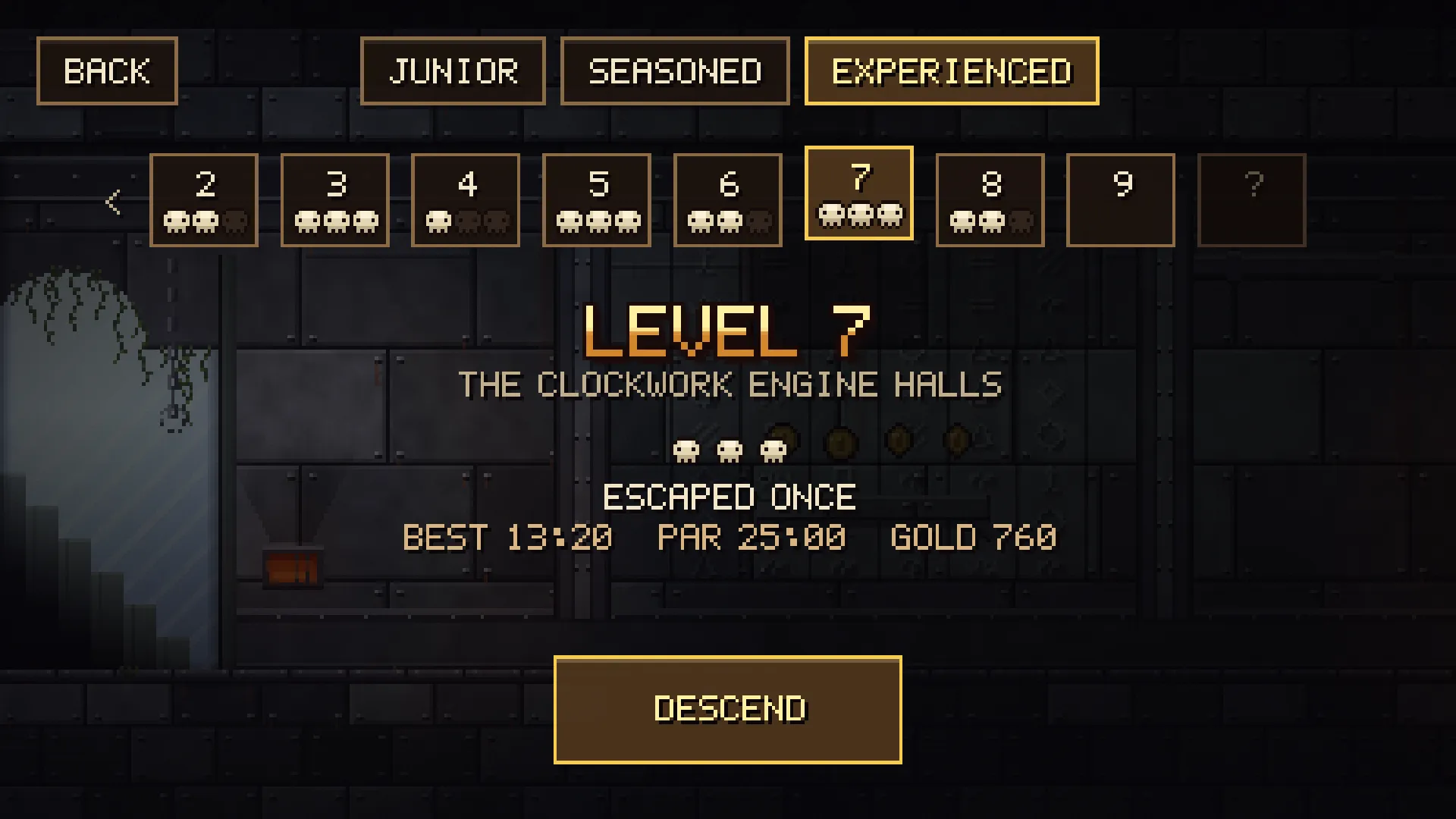 The level select: level 7, the Clockwork Engine Halls, with its skulls, best time and par