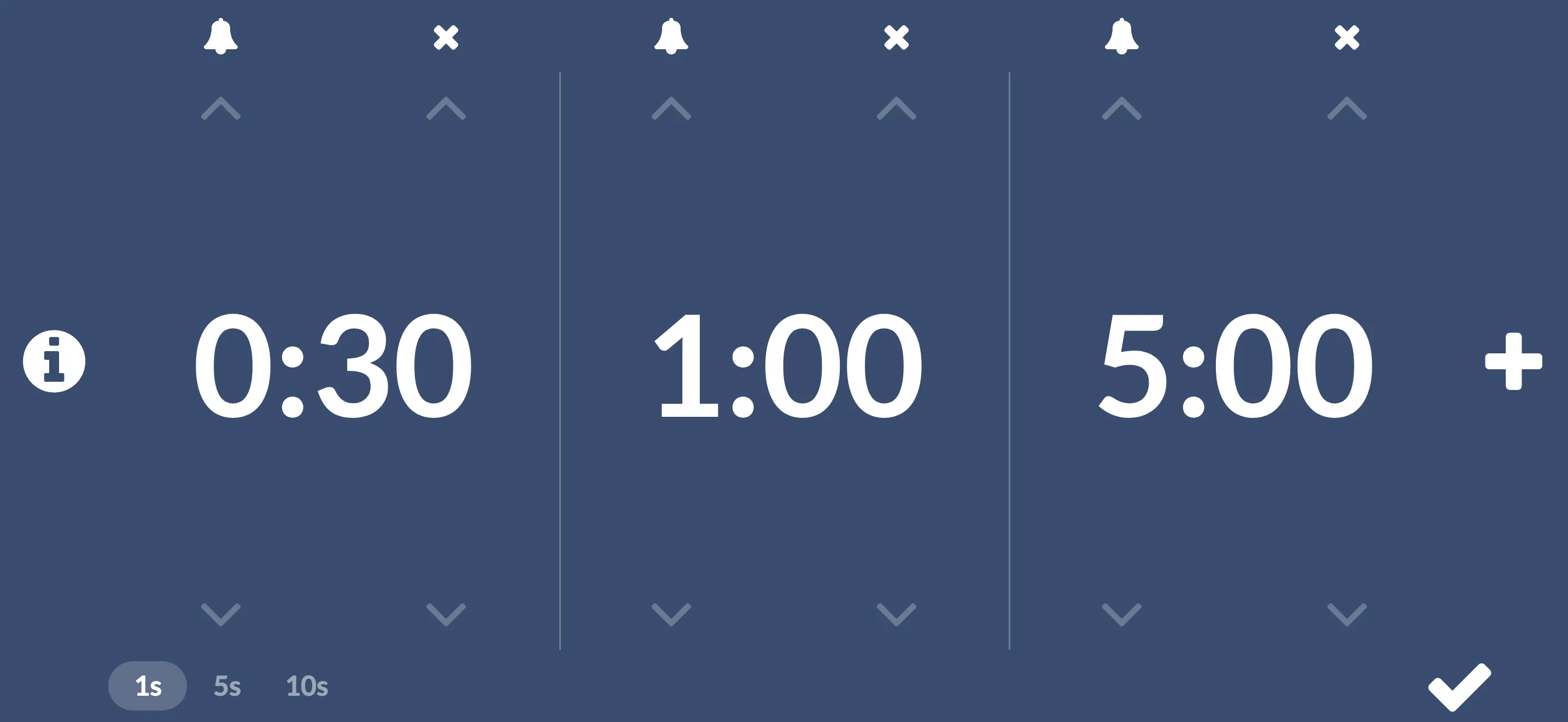 Settings: each timer with arrows to set its minutes and seconds, a bell for its sound, a plus to add another, and 1s, 5s and 10s at the bottom left to choose how far the seconds move
