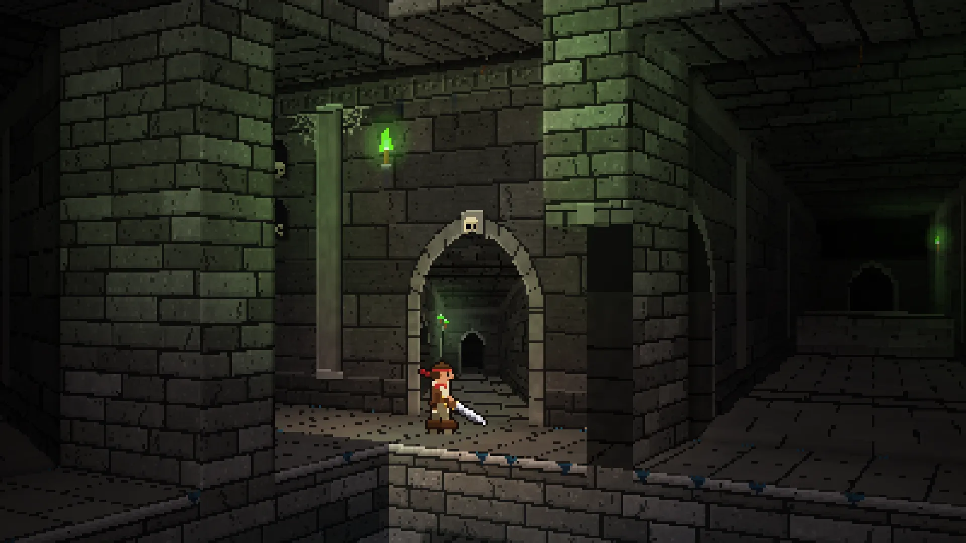 The explorer stands in a stone archway in a green-lit crypt, sword in hand