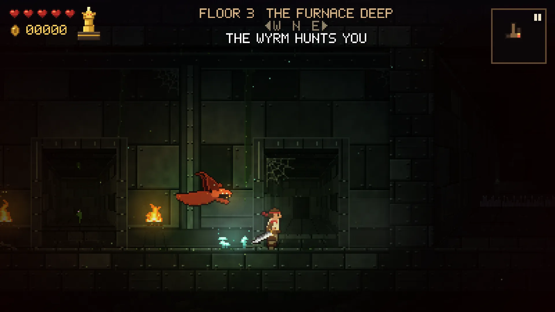 Floor 3, the Furnace Deep: the wyrm hunts the explorer through an iron hall